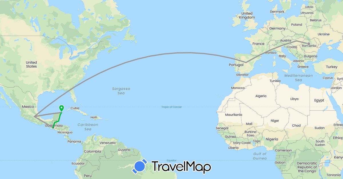 TravelMap itinerary: driving, bus, plane in Belize, Spain, Guatemala, Hungary, Mexico, Romania (Europe, North America)