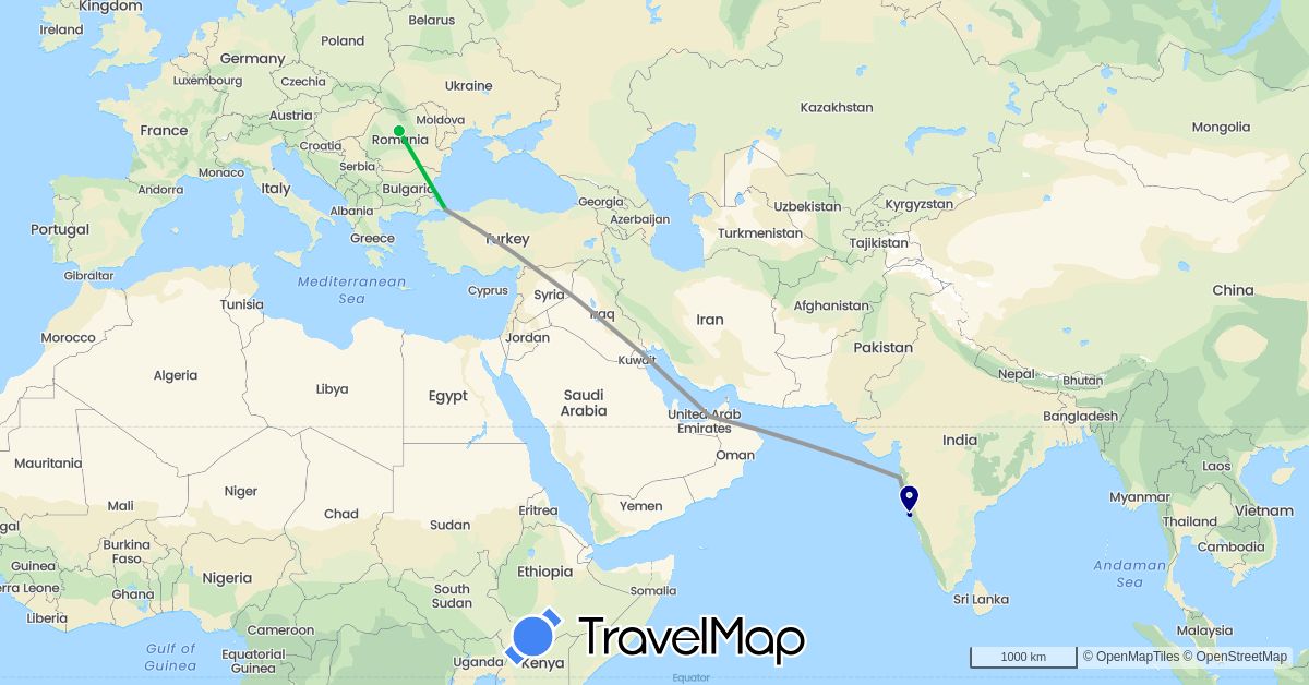 TravelMap itinerary: driving, bus, plane in United Arab Emirates, India, Romania, Turkey (Asia, Europe)